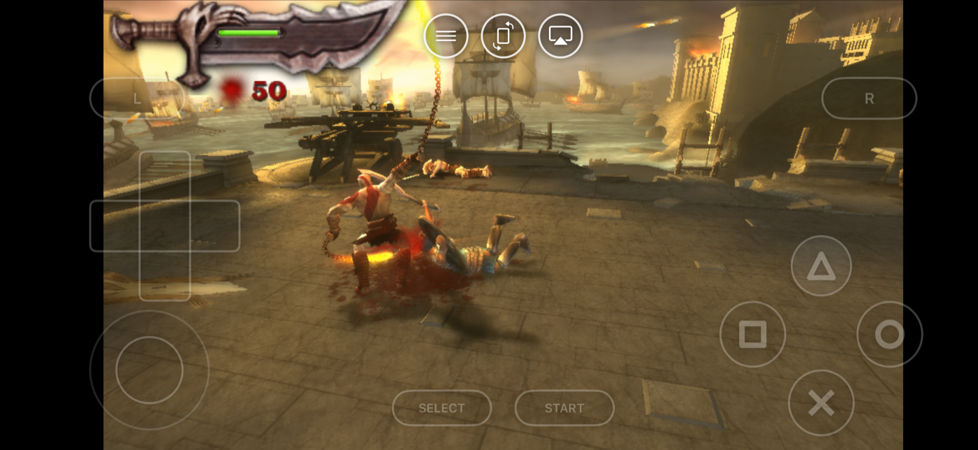 God of War: Chains of Olympus running full-screen in landscape with translucent floating controls