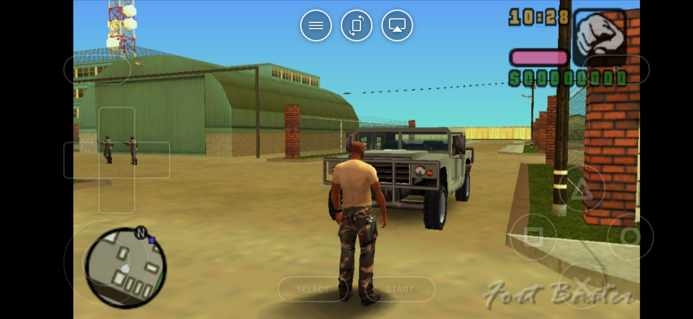 GTA Vice City Stories on PSP in immersive landscape mode with floating PlayStation controls