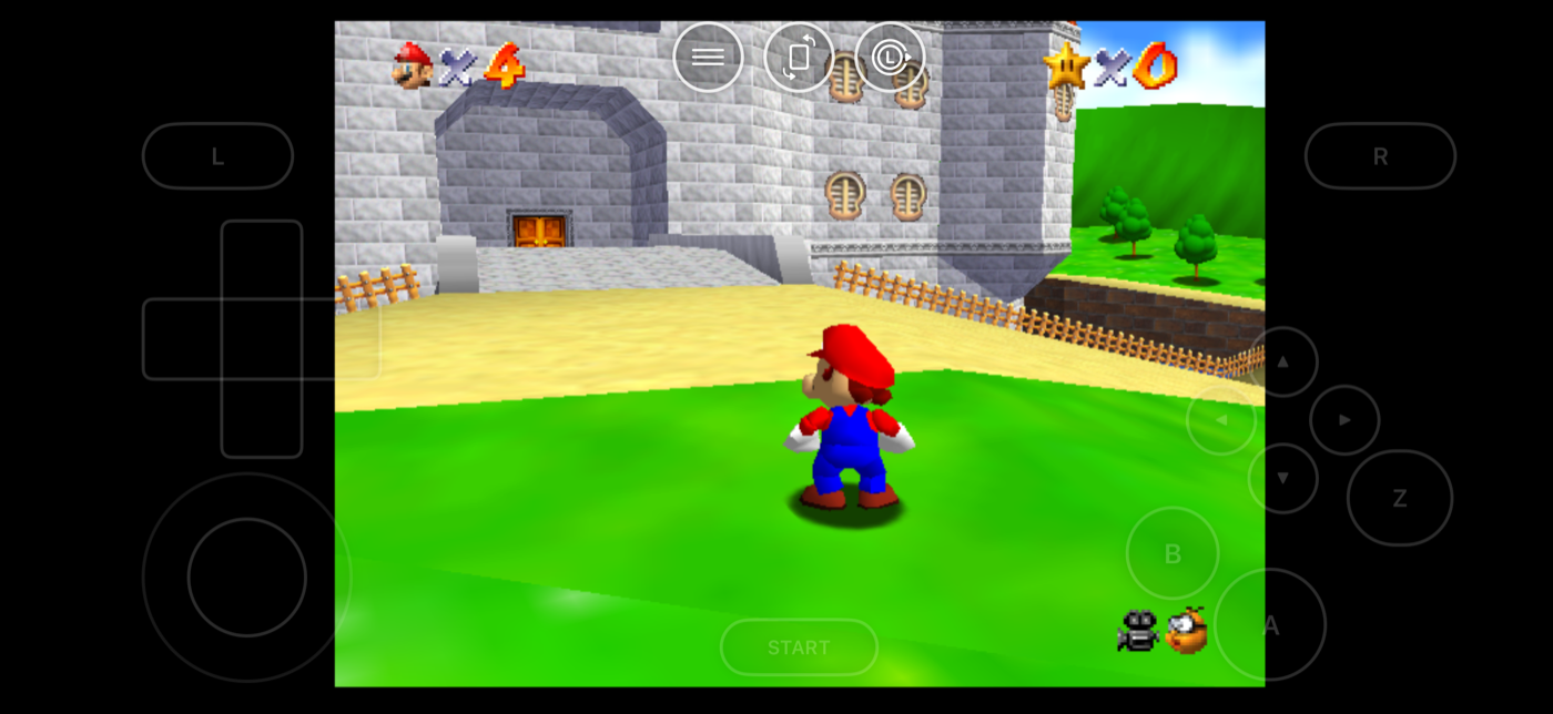Super Mario 64 in immersive landscape mode with floating N64 controls