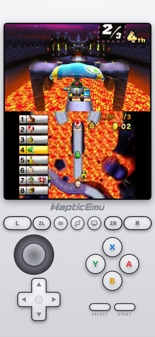 The Haptic Emulator Nintendo 3DS layout on iPhone: a kart race on the top screen, the course map on the touch screen below, and New 3DS controls with Circle Pad, ZL and ZR