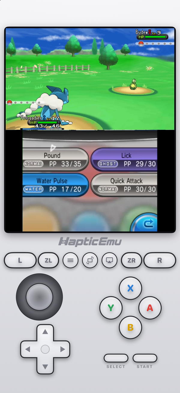 The Haptic Emulator Nintendo 3DS layout on iPhone: a Pokémon battle on the top screen and the four-move menu on the touch screen below