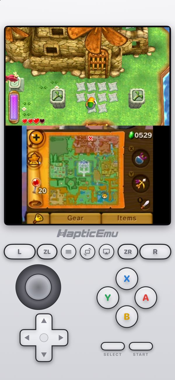 The Haptic Emulator Nintendo 3DS layout on iPhone: a top-down adventure game on the top screen and its map and item menu on the touch screen below