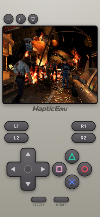 Un juego de survival horror de PlayStation 1 corriendo en Haptic Emulator en iPhone con la distribución de PS1 incluyendo L1, L2, R1 y R2