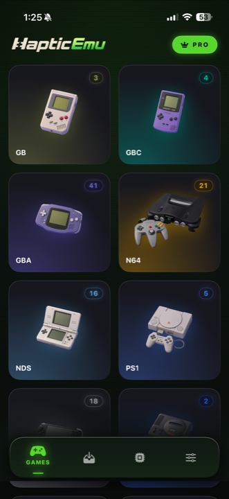 Haptic Emulator library showing Game Boy, Game Boy Color, GBA, N64, DS and PlayStation consoles with game counts