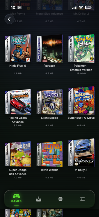 Game Boy Advance shelf in Haptic Emulator: rows of 3D game boxes with cover art, titles and file sizes