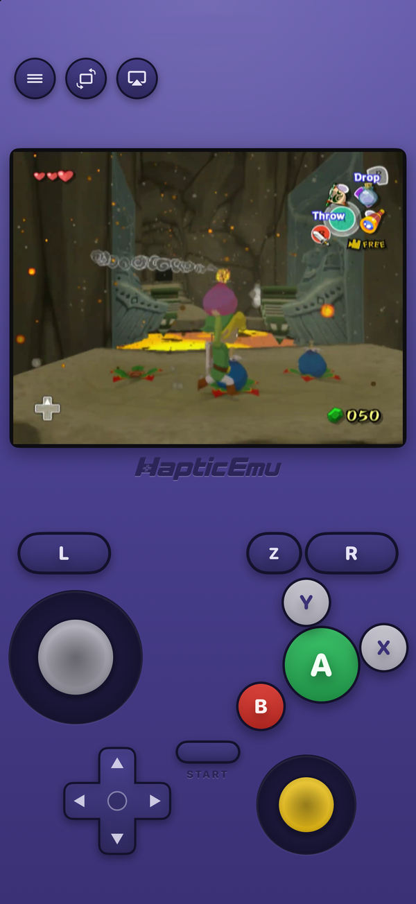 The Haptic Emulator GameCube layout on iPhone: a cel-shaded hero carrying a bomb through a lava cavern on the 4:3 screen, with the control stick, yellow C-stick, A, B, X and Y, Z and the L and R triggers below