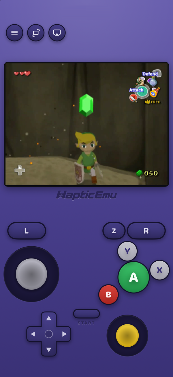 The Haptic Emulator GameCube layout on iPhone: a cel-shaded hero holding up a green gem on the 4:3 screen, with the control stick, yellow C-stick, A, B, X and Y, Z and the L and R triggers below