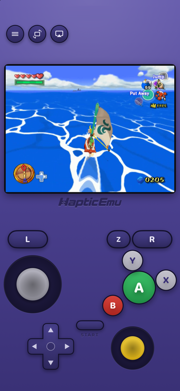 The Haptic Emulator GameCube layout on iPhone: a small boat sailing across a cel-shaded ocean on the 4:3 screen, with the control stick, yellow C-stick, A, B, X and Y, Z and the L and R triggers below