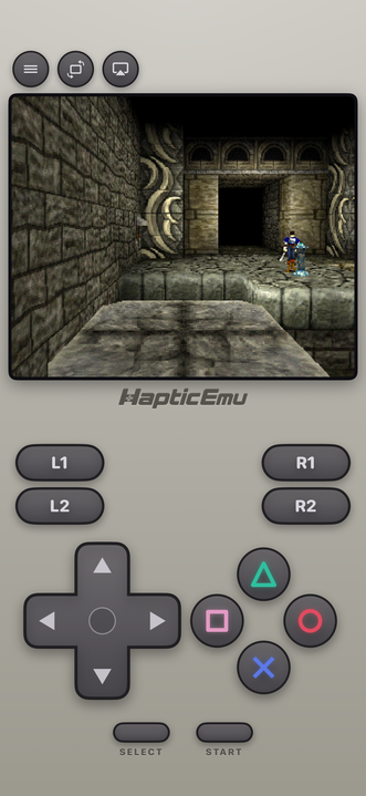 A PlayStation 1 game running in Haptic Emulator with the PS1 controller layout including L1, L2, R1 and R2
