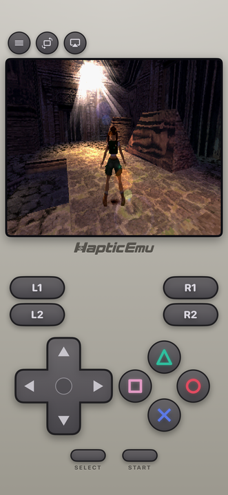 A PlayStation 1 adventure game running on iPhone with the full shoulder button layout